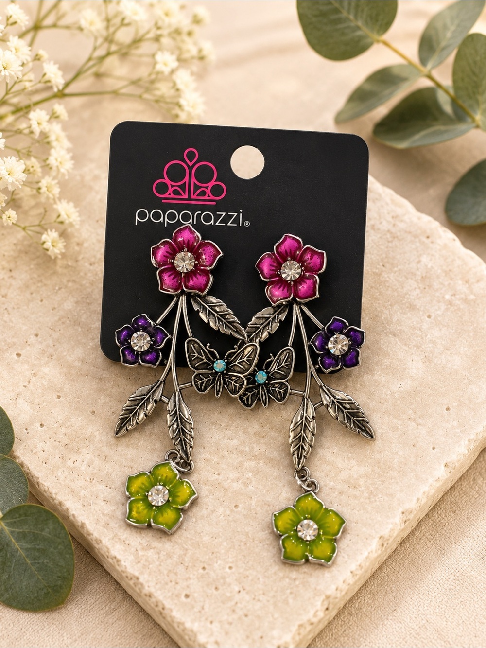 paparazzi Pink, Purple & Lime Green Floral Butterfly Dangle Earrings